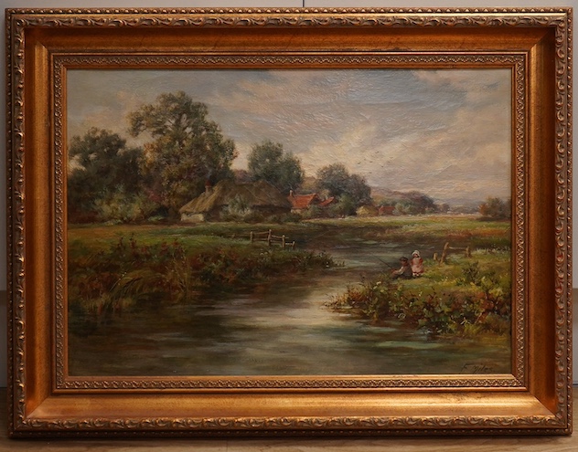 F. Miles (19th. C), oil on canvas, 'A backwater near Sunbury', signed, 34 x 49cm, ornate gilt framed. Condition - fair to good, craquelure throughout